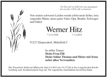 Traueranzeige von Werner Hitz von Pegnitz-Zeitung